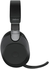 Jabra Evolve2 85 Wireless Over-Ear Noise-Canceling Headset with Unified Communications support, USB Type-A Link 380a adapter, and a sleek black design.