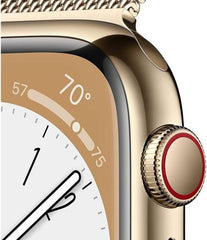 Apple Watch Series 8 with GPS + Cellular, 45mm size, gold stainless steel case paired with a gold Milanese loop, crack and dust resistant, offering all-day battery life in a gold finish