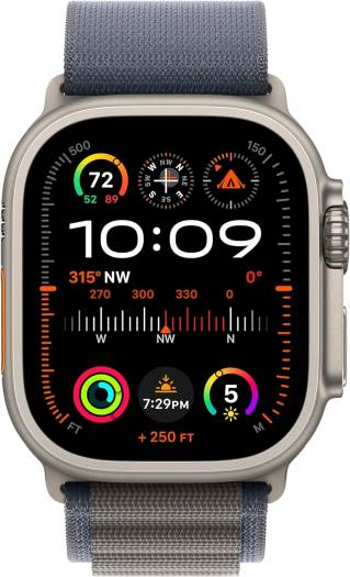 Apple Watch Ultra 2 (GPS + Cellular, 49mm) featuring a rugged titanium case, medium blue Alpine Loop, bright Retina display, fitness tracking, GPS, Action button, and extended battery life.