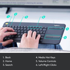 Logitech K400 Plus Wireless Keyboard with Built-in Touchpad for Home Theatre PCs, TVs, Laptops, and Tablets, Customizable Multimedia Keys, Compatible with Windows and Android, Arabic Layout, Black
