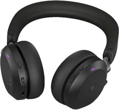 Jabra Evolve2 75 Link380C UC Stereo USB-C Headset with 30-meter wireless range, Bluetooth connectivity, 20–20,000 Hz frequency response, boom arm with mute and call-answer functions, in black.