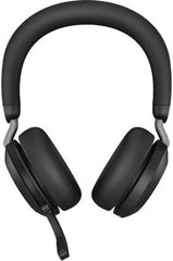 Jabra Evolve2 75 UC Stereo USB-A Over-Ear Headset with up to 100 ft wireless range, Bluetooth connectivity, Link 380a charging stand, up to 36 hours of battery life, and a black finish.