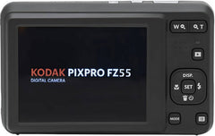 Kodak PIXPRO FZ55 digital camera in black, featuring a 16.35MP sensor, 5× optical zoom, 28mm wide-angle lens, 2.7-inch LCD, Full HD 1080p video, face, smile, blink, and pet detection, plus digital image stabilization.
