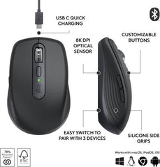 Logitech MX Anywhere 3S Mouse – features Darkfield high-precision tracking, nominal 1000 DPI (up to 8000 DPI), 6 buttons, 500 mAh rechargeable battery, in black.