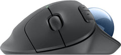 Logitech Ergo M575S Wireless Trackball Mouse with ergonomic design, blue trackball, advanced optical tracking, 5 programmable buttons, and dual connectivity via Bluetooth and Logi Bolt USB receiver — Graphite.