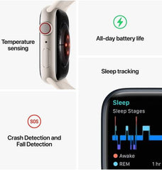 Apple Watch Series 8 with GPS + Cellular, 45mm size, gold stainless steel case paired with a gold Milanese loop, crack and dust resistant, offering all-day battery life in a gold finish