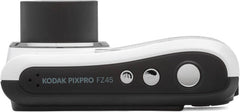 Kodak PIXPRO FZ45 digital camera in white, featuring a 16.35MP sensor, 4× optical zoom, 2.7-inch LCD, multiple shooting modes, face and pet detection, and digital image stabilization.