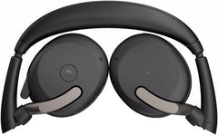 Jabra Evolve2 65 Flex Link MS Stereo Wireless Headset with wireless charging, Bluetooth connectivity, active noise cancellation, 28 mm drivers, built-in microphone, and a black design.