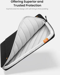 A black Tomtoc Defender-A13 laptop sleeve for 13-inch MacBook or Surface Laptop, providing 360° protection with patented CornerArmor, crafted from durable recycled fabric, and finished with YKK zippers.