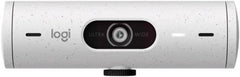 Logitech Brio 500 Full HD 1080p webcam with automatic light correction, Show Mode feature, dual noise-reducing microphones, built-in privacy cover, USB-C connectivity, and compatibility with Microsoft Teams, Google Meet, and Zoom — Off-White finish.