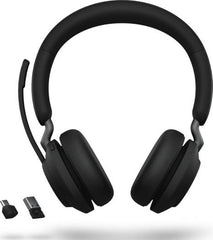 Jabra Evolve2 65 MS Stereo Wireless Bluetooth Headset with Link 380c, designed for calls and music, featuring passive noise cancellation and up to 37 hours of battery life.