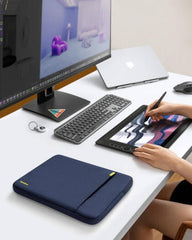 Tomtoc Defender-A13 laptop sleeve for 13-inch MacBook or Surface Laptop, offering full 360° protection with patented CornerArmor, made from durable recycled fabric and equipped with YKK zippers, in blue.
