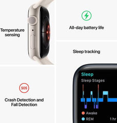 Apple Watch Series 8 with GPS, 45mm starlight aluminum case, paired with a starlight sport band (Regular)