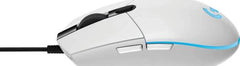Logitech G203 Wired Gaming Mouse – optical sensor with 800 DPI, 6 programmable buttons, and LIGHTSYNC RGB lighting in white.