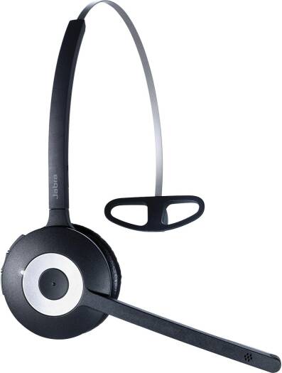 Jabra Pro 920 Single-Ear Wireless Headset (EMEA) with support for pairing up to four headsets to one base, a noise-canceling microphone, up to 8 hours of talk time, a built-in rechargeable battery, and a sleek black design.