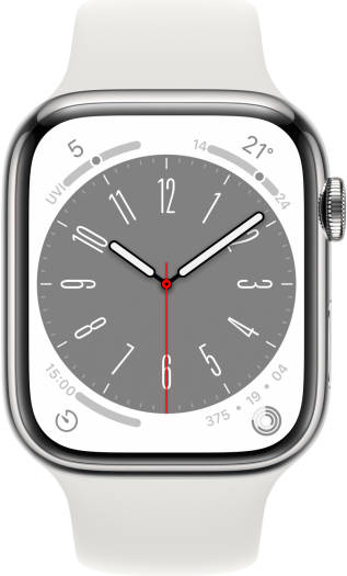 Apple Watch Series 8 with GPS, 41mm silver aluminum case, paired with a white sport band (Regular)