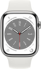 Apple Watch Series 8 with GPS, 45mm silver aluminum case, paired with a white sport band (Regular)