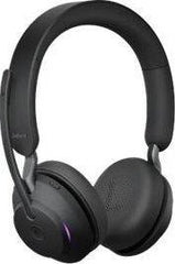 Jabra Evolve2 55 Link380a USB-A MS Stereo Wireless Headset with stand, featuring 28 mm drivers, active noise cancellation, built-in microphone, up to 18 hours of battery life, USB-A connectivity, and a black finish.