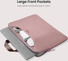 A 14-inch Tomtoc The-Her A21 laptop handbag in a dual-color design, featuring soft velvet lining with thick padding, spill-resistant material, and multiple compartments, in raspberry.