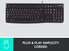 Logitech K120 Wired Business Keyboard for Windows and Linux, USB Plug-and-Play, Full-Size Design, Spill-Resistant, Curved Spacebar, Compatible with PC/Laptop, English/Arabic Layout, Black