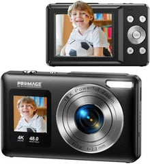 Promage PC110 4K dual-screen digital camera in black, featuring a 5MP CMOS sensor, LED flash, autofocus, 2.4″ main and 1.3″ secondary IPS LCD screens, 18× digital zoom, and built-in 800mAh battery.