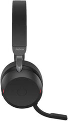 Jabra Evolve2 75 Link 380c UC Noise-Canceling Wireless Headset featuring 40 mm drivers, 8 integrated microphones, dual-foam ear cushions, busy light indicator, ANC technology, charging stand, and a black finish.