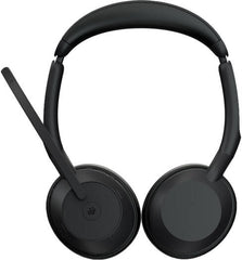 Jabra Evolve2 55 Link380c USB-C MS Stereo Wireless Headset with 28 mm drivers, active noise cancellation, built-in microphone, up to 18 hours of battery life, USB-C dongle, and a black finish.