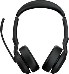Jabra Evolve2 55 Link380a USB-A MS Stereo Wireless Headset featuring 28 mm drivers, active noise cancellation, a built-in microphone, up to 18 hours of battery life, a USB-A dongle, and a sleek black finish.