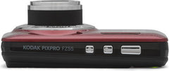 Kodak PIXPRO FZ45 digital camera in red, featuring a 16.35MP sensor, 4× optical zoom, 2.7-inch LCD, wide shooting modes, face and pet detection, and digital image stabilization.