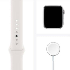 Apple Watch SE with GPS + Cellular, 40mm silver aluminum case, paired with a silver sport band
