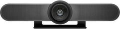 Logitech MeetUp camera with expansion microphone, delivering HD video and audio conferencing, featuring a 120° field of view, 4K optics, and an expansion mic range of 8–14 ft, in black.