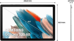 Samsung Galaxy Tab A8 – 10.5" 1920x1200 display, 4GB RAM, 64aGB storage, Wi-Fi connectivity, 8MP rear and 5MP front cameras, 7040mAh battery, in Silver.
