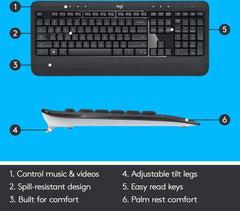 Logitech MK540 Wireless Keyboard and Mouse Combo, 2.4GHz Connectivity with Unifying USB Receiver, Full-Size English Keyboard with Multimedia Hotkeys, Wireless Mouse Included, Up to 3-Year Battery Life, Compatible with Windows PC/Laptop