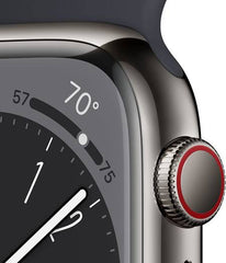 Apple Watch Series 8 with GPS + Cellular, 45mm size, graphite stainless steel case with a midnight sport band, crack and dust resistant, offering all-day battery life