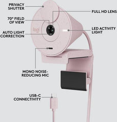Logitech Brio 300 Full HD webcam featuring a 2MP sensor, 70° field of view, built-in privacy shutter, automatic light adjustment, 30 fps video, USB-C connection, and a 1.22m microphone pickup range — Rose Pink finish.