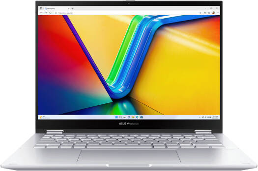 ASUS Vivobook S 14 Flip Laptop with 14" WUXGA IPS 60Hz touchscreen display, Intel Core i9-13900H processor, 16GB RAM, 1TB SSD, Intel Iris Xe Graphics, English-Arabic keyboard, Windows 11 Home, in Cool Silver. Model: TP3402VA-LZ144W.