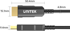 Unitek 25-Meter HDMI Fiber Optic Cable with 4K@60Hz support, delivering 18Gbps high-speed data transfer, HDR and Dolby Vision compatibility, HDCP 2.2, ARC, and 3D support, featuring a durable alloy housing in black.