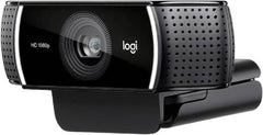 Logitech C922 Pro Stream Full HD webcam with included tripod, featuring dual built-in stereo microphones, automatic light correction, fast frame rate streaming, 78° diagonal field of view, smooth autofocus, in a black finish.