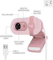 Logitech Brio 100 Full HD 1080p webcam for video calls and streaming, featuring automatic light balancing, built-in microphone, privacy shutter, USB-A connection, and compatibility with Microsoft Teams, Google Meet, Zoom