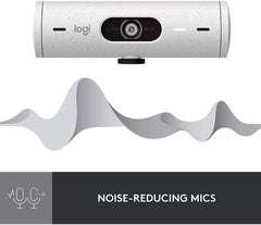 Logitech Brio 500 Full HD 1080p webcam with automatic light correction, Show Mode feature, dual noise-reducing microphones, built-in privacy cover, USB-C connectivity, and compatibility with Microsoft Teams, Google Meet, and Zoom — Off-White finish.