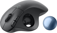Logitech Ergo M575S Wireless Trackball Mouse with ergonomic design, blue trackball, advanced optical tracking, 5 programmable buttons, and dual connectivity via Bluetooth and Logi Bolt USB receiver — Graphite.