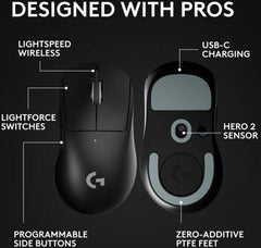 Logitech G PRO X Superlight 2 DEX Gaming Mouse – lightweight wireless design, HERO 2 optical sensor with up to 44,000 DPI, 5 programmable buttons, in black.
