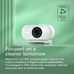 Elgato Facecam Neo – webcam featuring a 1/2.9" CMOS sensor, Elgato AF lens with autofocus optics, 26 mm full-frame equivalent focal length, f/2.0 aperture, 77° field of view, and USB-C connectivity, in white.