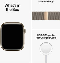 Apple Watch Series 8 with GPS + Cellular, 45mm size, gold stainless steel case paired with a gold Milanese loop, crack and dust resistant, offering all-day battery life in a gold finish