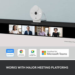 Logitech Brio 300 Full HD webcam with a 2MP sensor, 70° viewing angle, built-in privacy shutter, automatic light adjustment, 30 fps video output, USB-C connectivity, and a 1.22m microphone pickup range - white