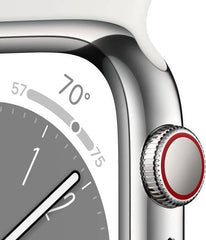 Apple Watch Series 8 with GPS, 45mm silver aluminum case, paired with a white sport band (Regular)
