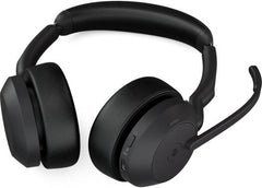 Jabra Evolve2 55 Link380c USB-C MS Stereo Wireless Headset with 28 mm drivers, active noise cancellation, built-in microphone, up to 18 hours of battery life, USB-C dongle, and a black finish.