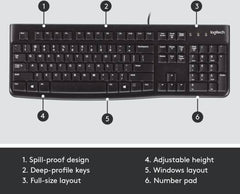 Logitech K120 Wired Business Keyboard for Windows and Linux, USB Plug-and-Play, Full-Size Design, Spill-Resistant, Curved Spacebar, Compatible with PC/Laptop, English/Arabic Layout, Black