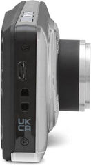 Kodak PIXPRO FZ55 digital camera in silver, featuring a 16.35MP sensor, 5× optical zoom, wide-angle lens, 2.7-inch LCD, Full HD 1080p video, face, smile, blink, and pet detection, plus digital image stabilization.