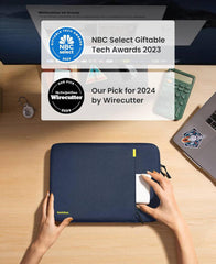 Tomtoc Defender-A13 laptop sleeve for 13-inch MacBook or Surface Laptop, offering full 360° protection with patented CornerArmor, made from durable recycled fabric and equipped with YKK zippers, in blue.